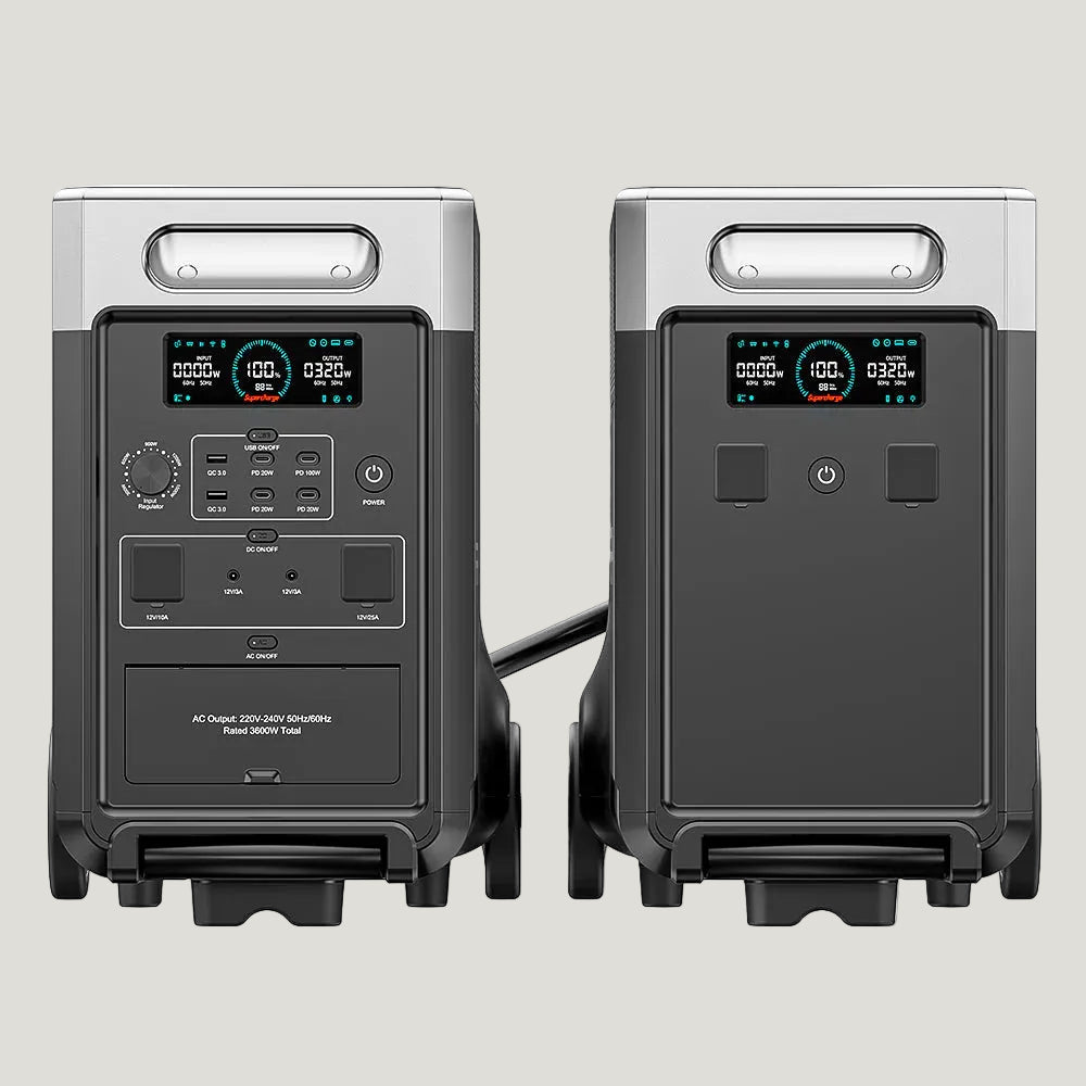 Two power station units with digital displays on a white background