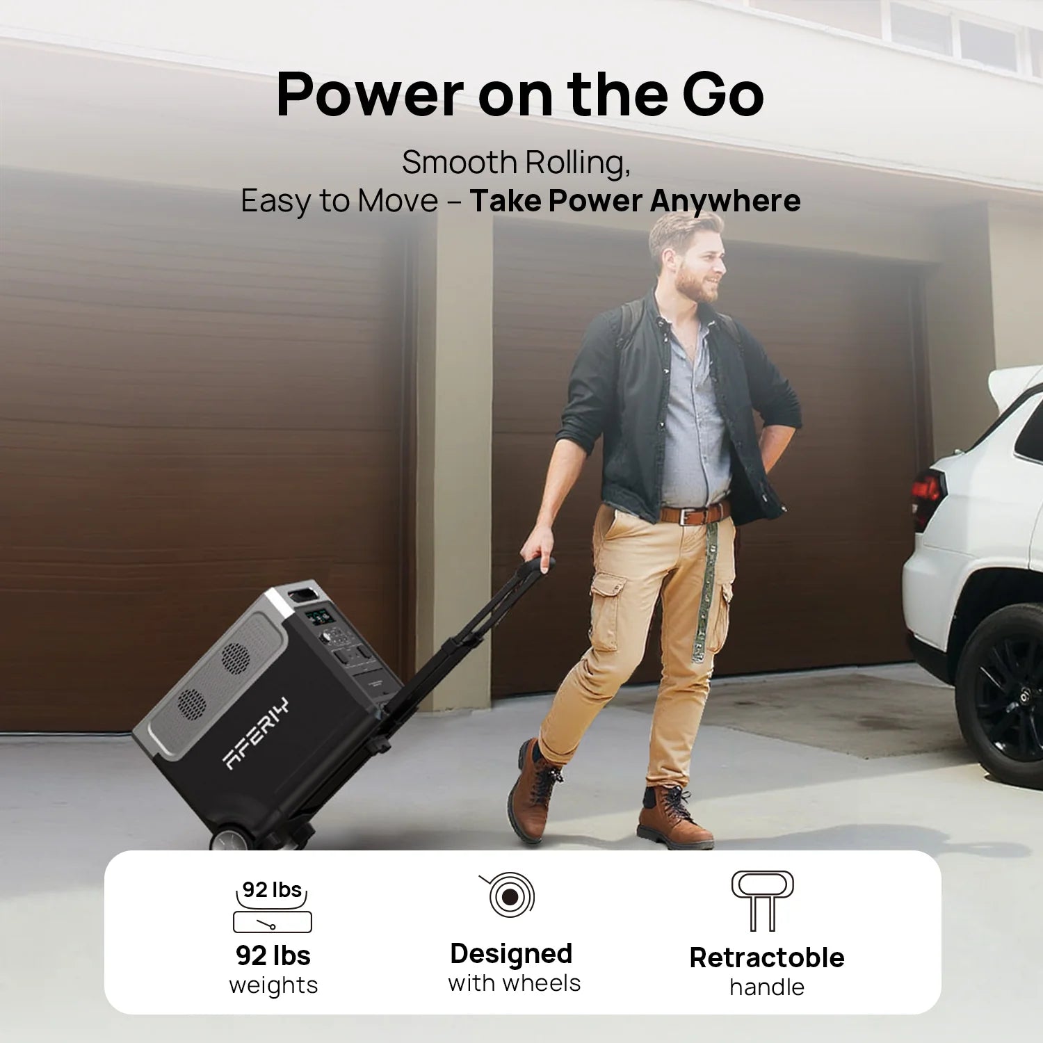 Man pulling a portable power station with text about power on the go.