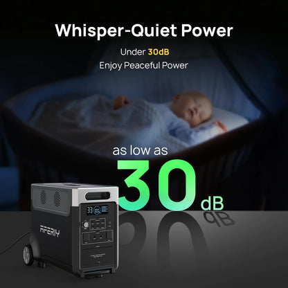 Portable power station with a baby sleeping in the background, emphasizing whisper-quiet operation.