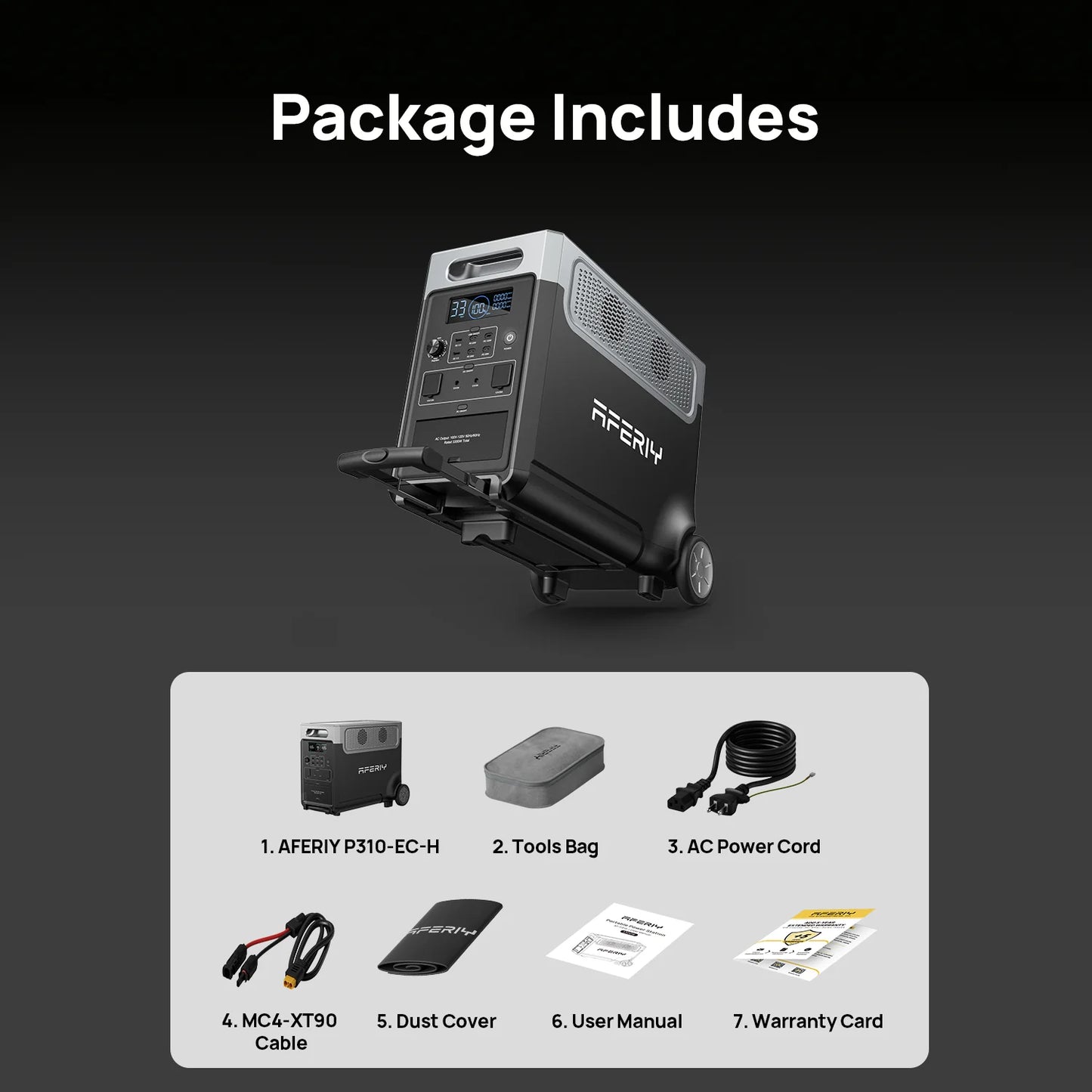 Aferiy power station with included items listed on a dark background