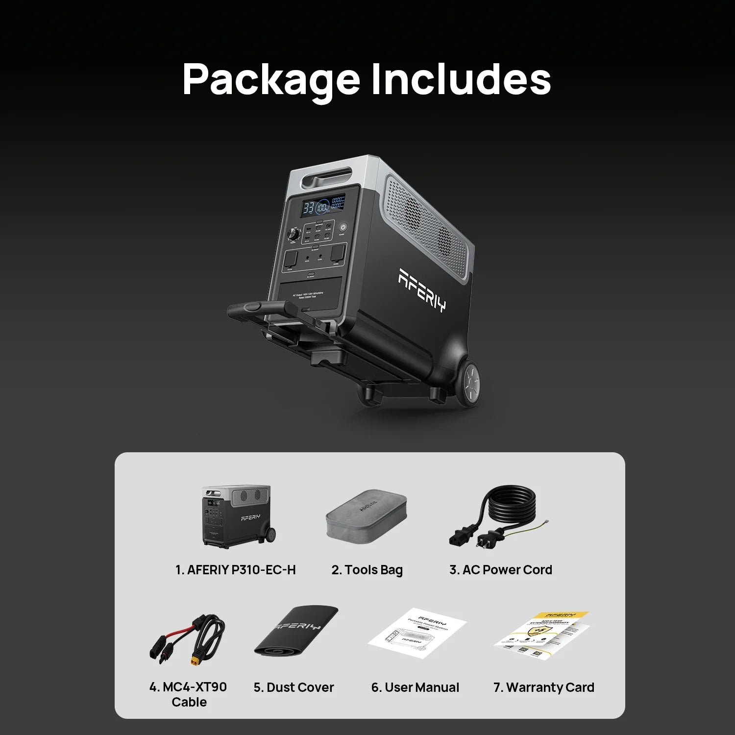 Aferiy power station with included items listed on a dark background