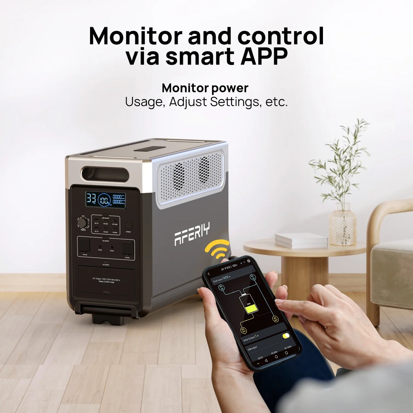 Apery power station with a smartphone app for monitoring and controlling power usage.