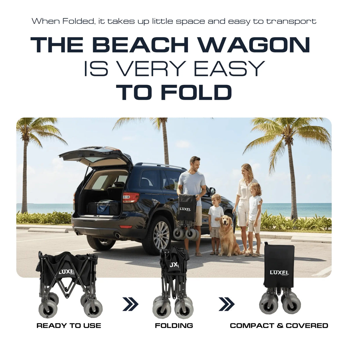 Family at the beach with the LUXEL foldable beach wagon