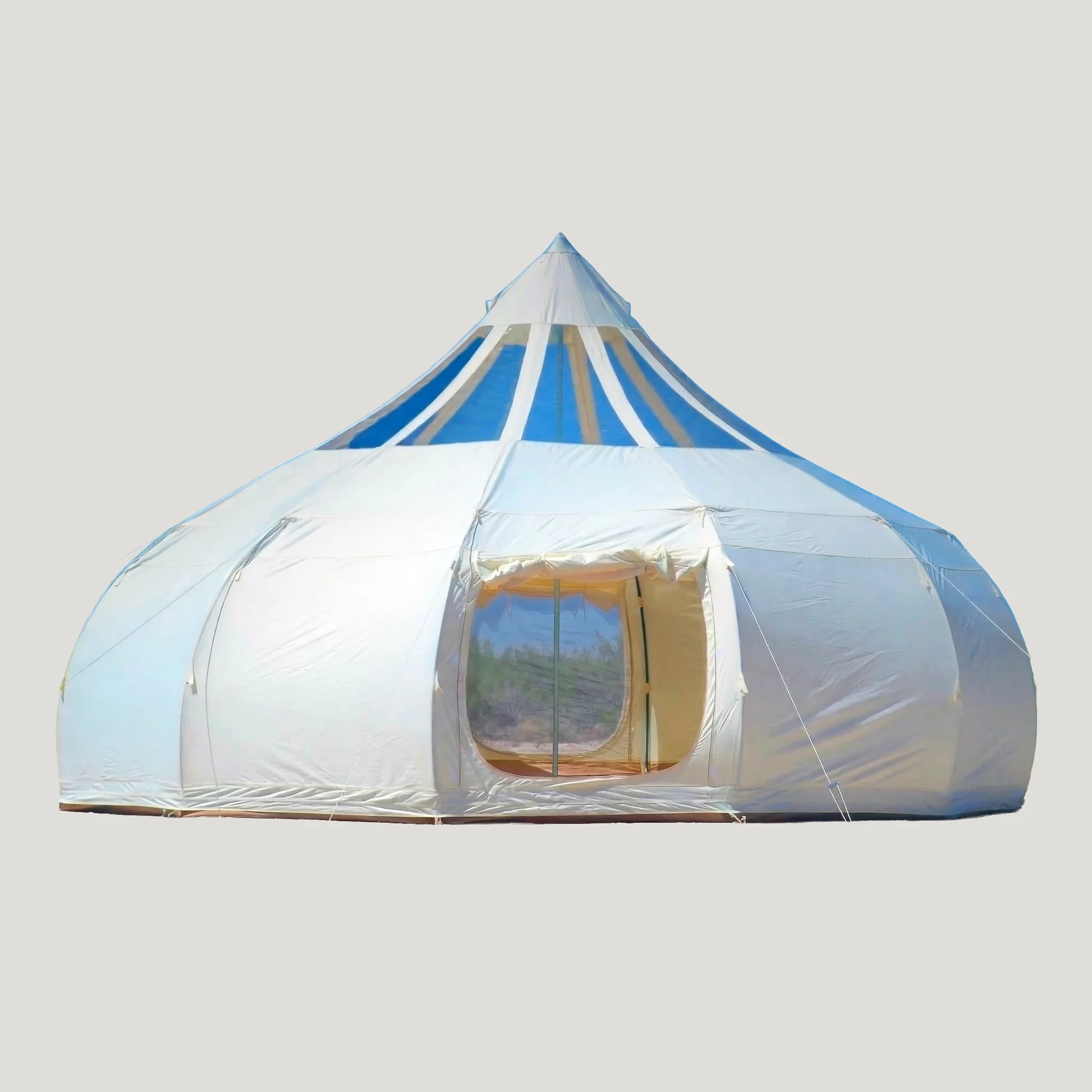 Astral yurt-style glamping tent exterior showing transparent skylight panels, round door entry, and 900D Oxford Canvas construction