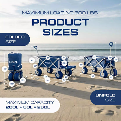 Blue LUXEL beach cart dimensions shown on a beach