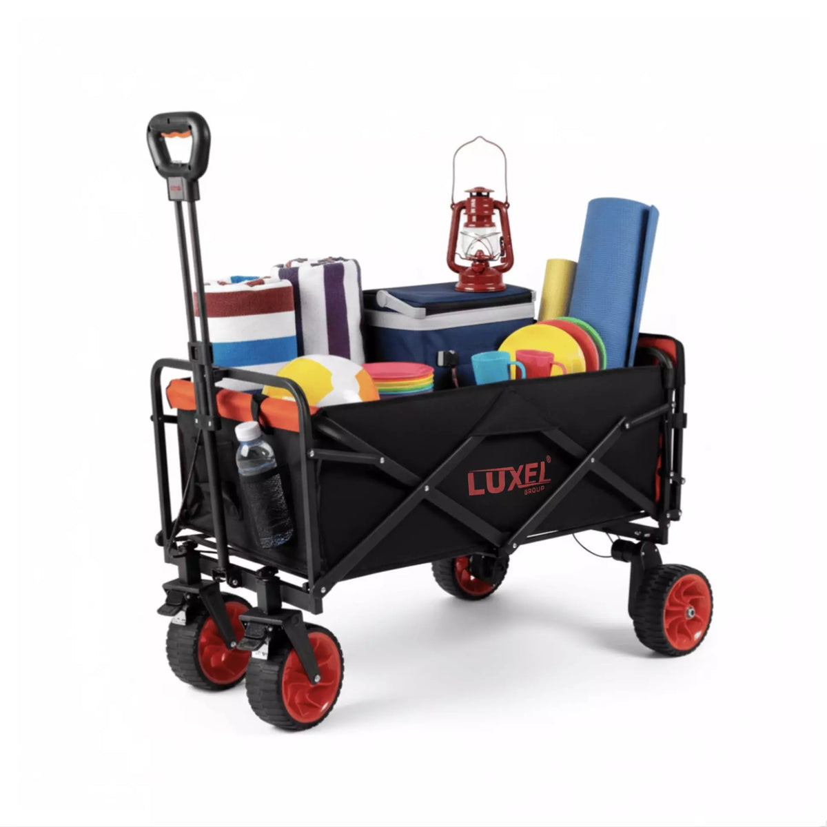 LUXEL compact electric cart filled with camping supplies