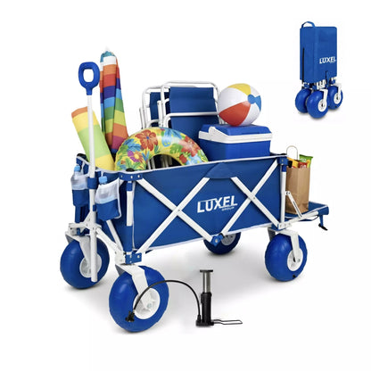 Blue and white LUXEL beach cart with accessories
