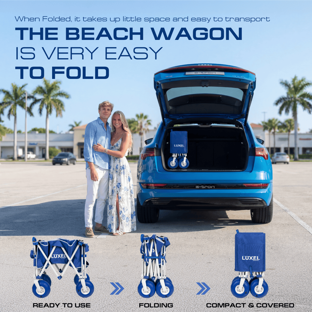 Couple with a blue LUXEL beach wagon under palm trees