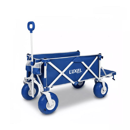 Blue LUXEL folding wagon with big wheels on a white background