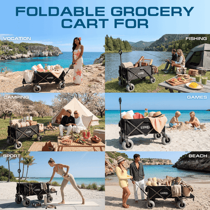 LUXEL foldable utility wagon used for camping, gardening, fishing, and picnics