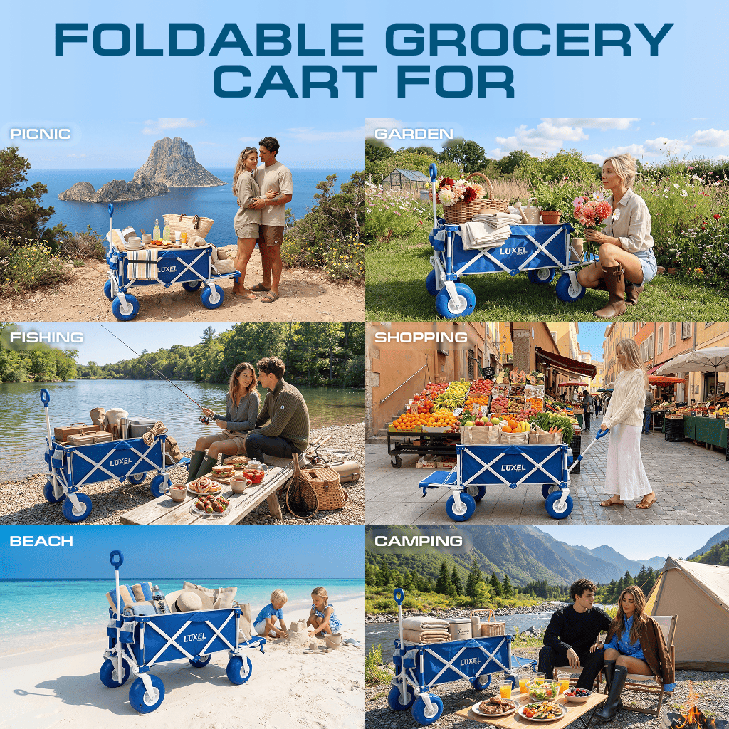 LUXEL foldable utility wagon used for picnics, gardening, fishing, shopping, beach, and camping