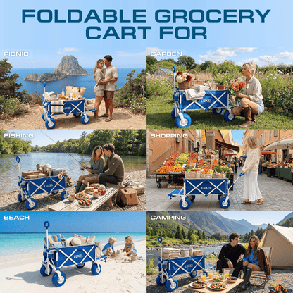 LUXEL foldable utility wagon used for picnics, gardening, fishing, shopping, beach, and camping