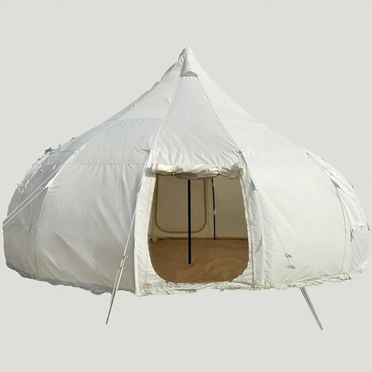 White bell tent luxury glamping tent on beige background