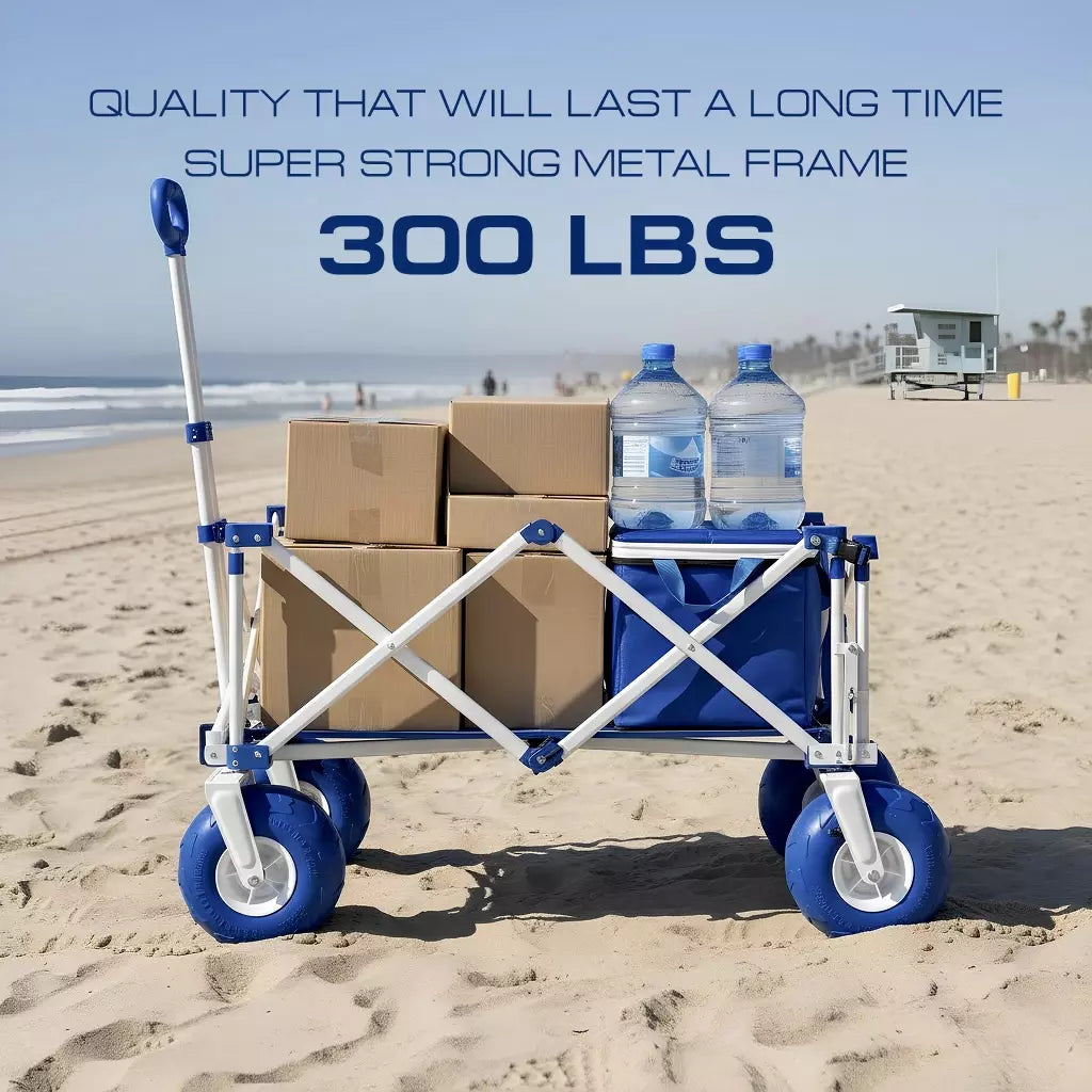 Blue LUXEL foldable beach cart with big wheels loaded with boxes and water