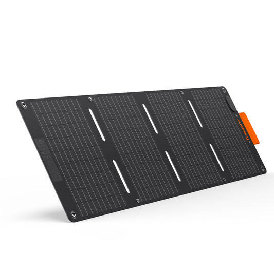 Foldable solar panel with orange brand label on a white background