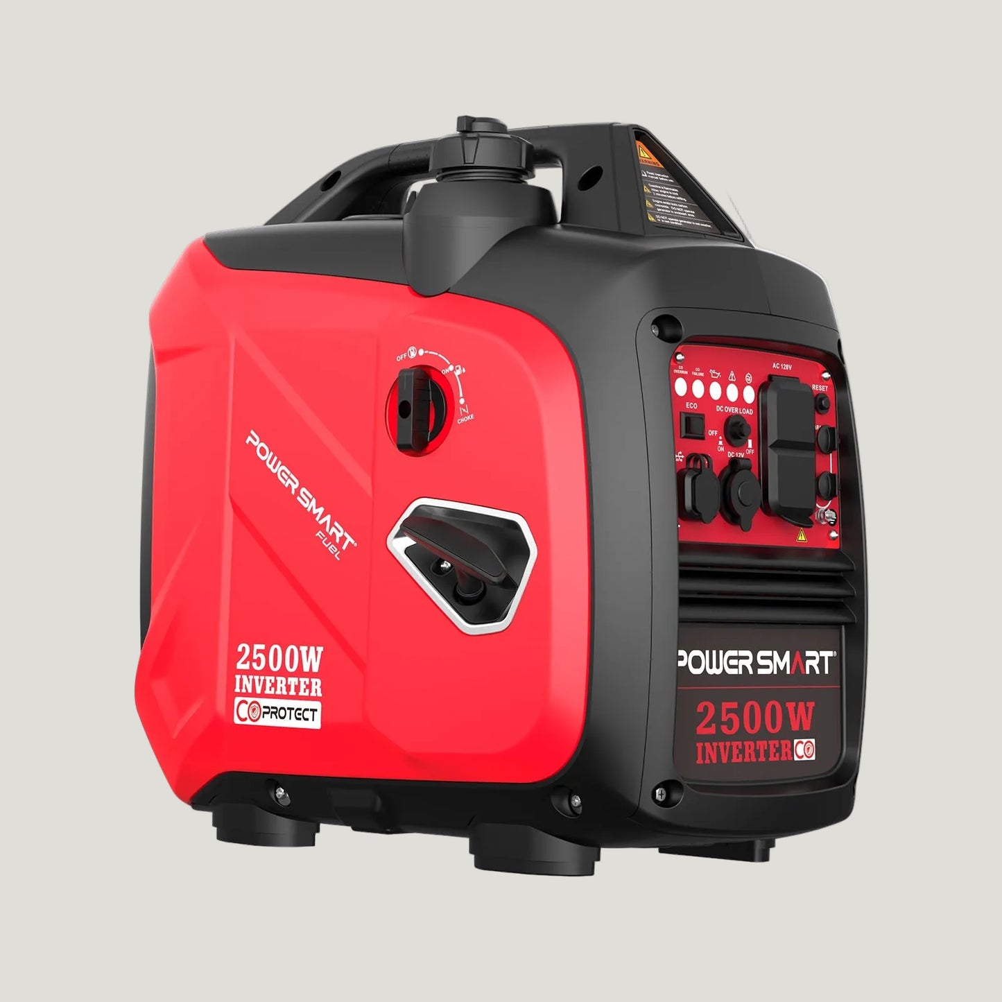 Red and black Power Smart 2500W inverter generator on a white background