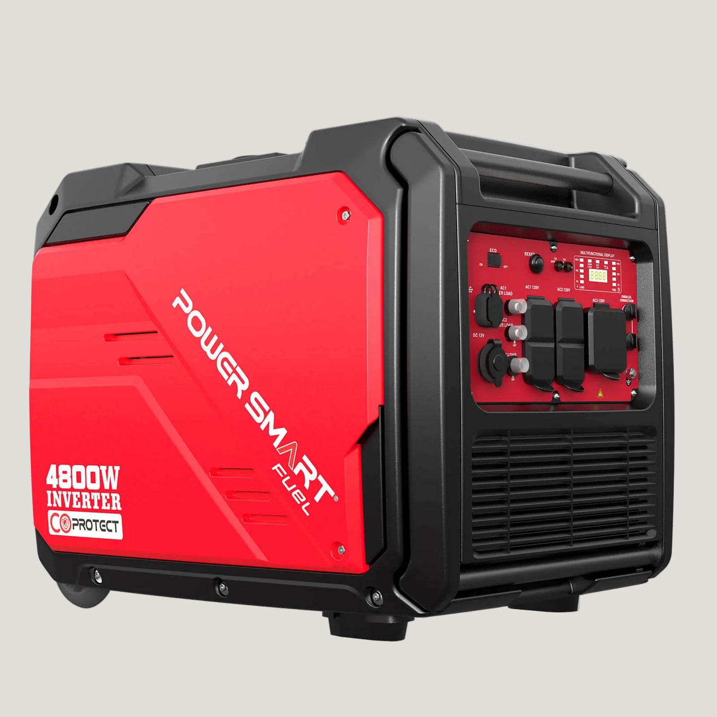 Red and black Power Smart inverter on a white background