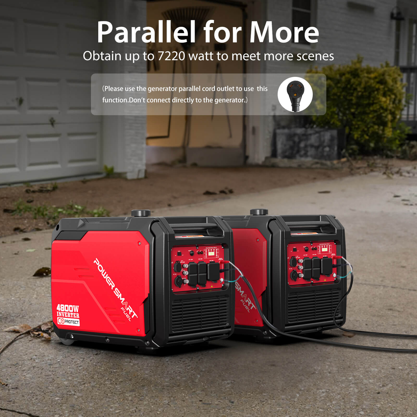 Two red and black power generators on a driveway with text about parallel operation.