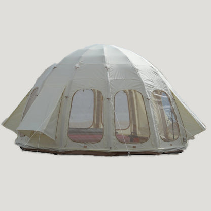Camping tent with clear plastic covering on a white background