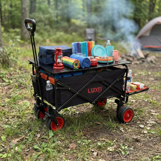 LUXEL CEC-2BR electric folding wagon with camping gear in the forest