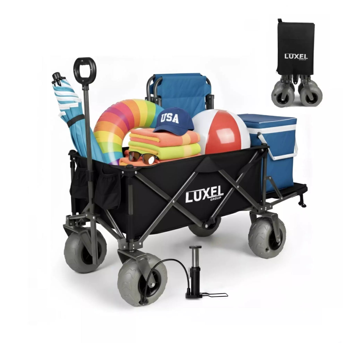 Black LUXEL folding wagon with beach accessories on a white background