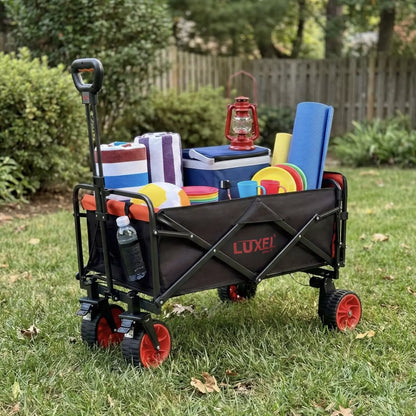 LUXEL compact electric camping cart loaded with camping gear on grass