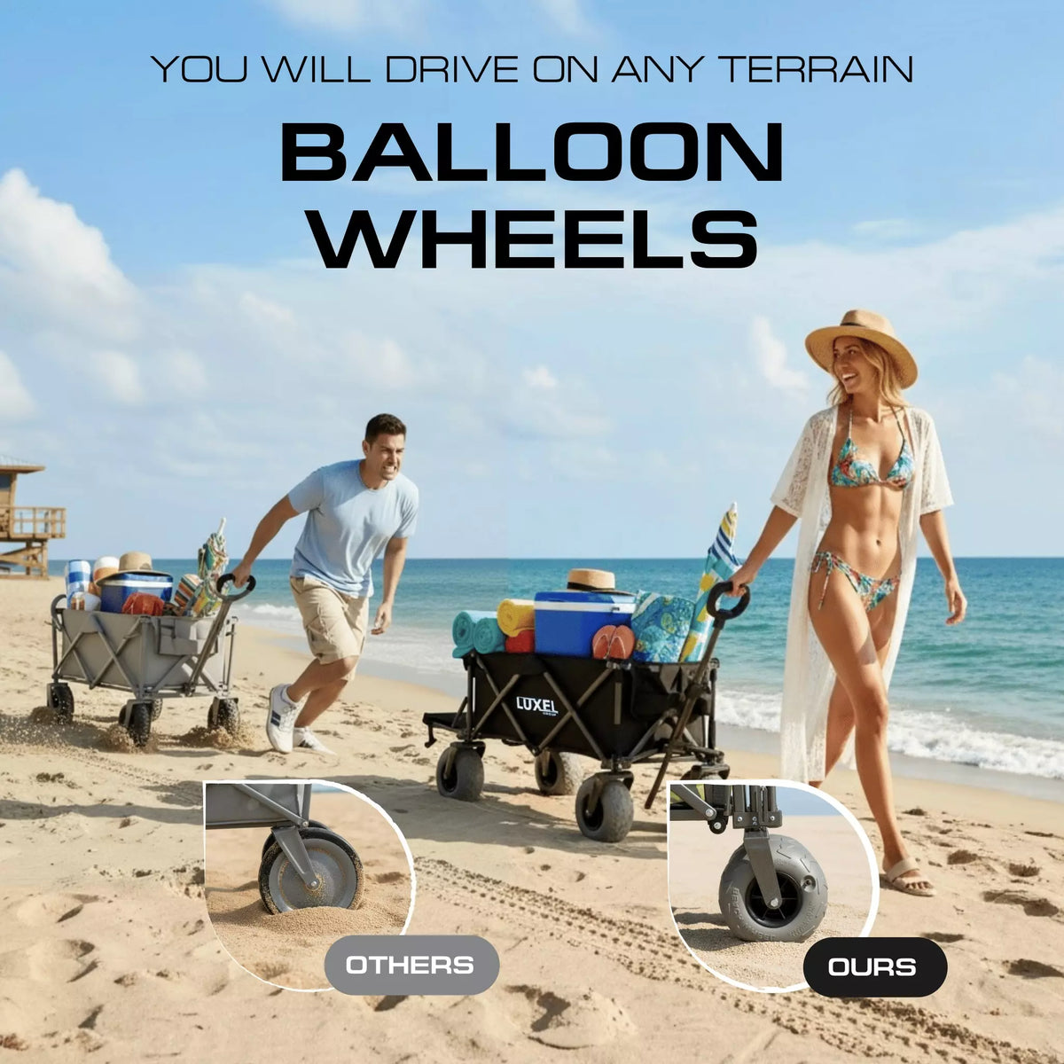 Couple pulling LUXEL beach carts with balloon wheels on sand