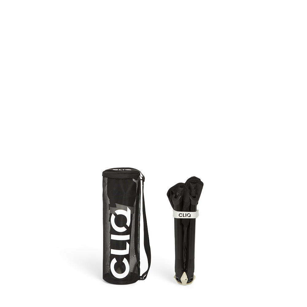 CLIQ MystiQ lounge chair folded in its mesh carry bag