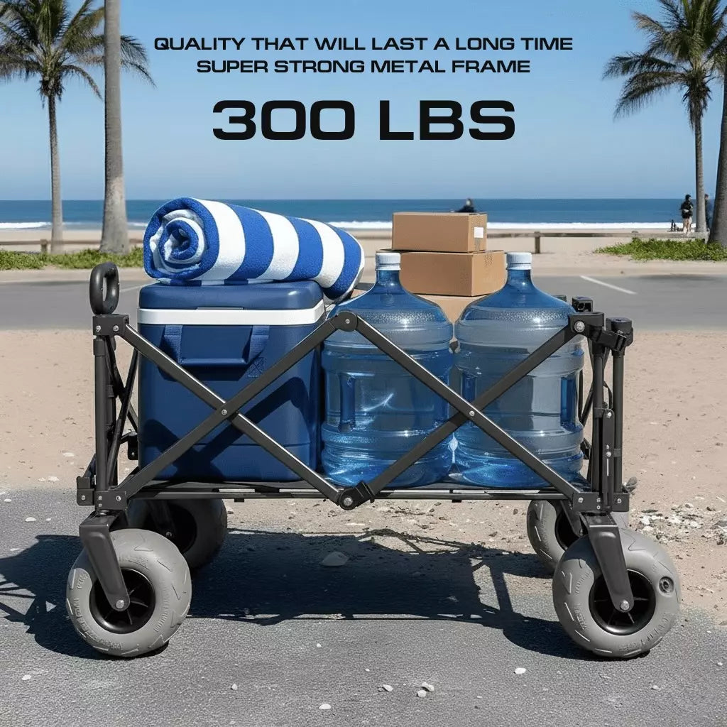 LUXEL beach cart carrying a cooler and water jugs, 300 lb capacity