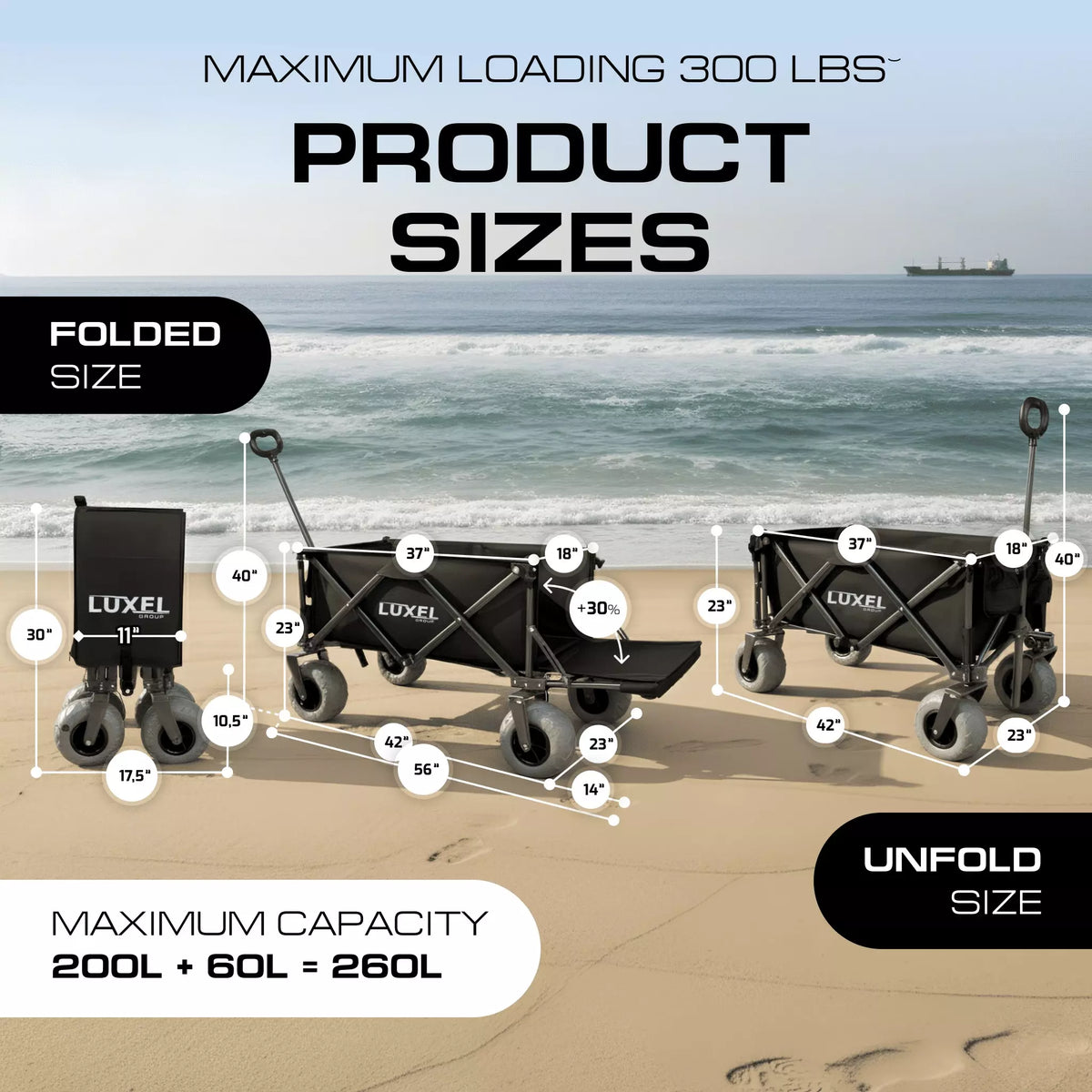 LUXEL beach wagon dimensions shown on a beach