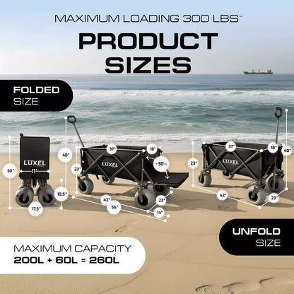 LUXEL beach wagon dimensions shown on a beach