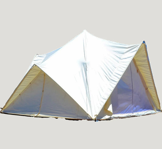 White tent with gold trim on a plain background
