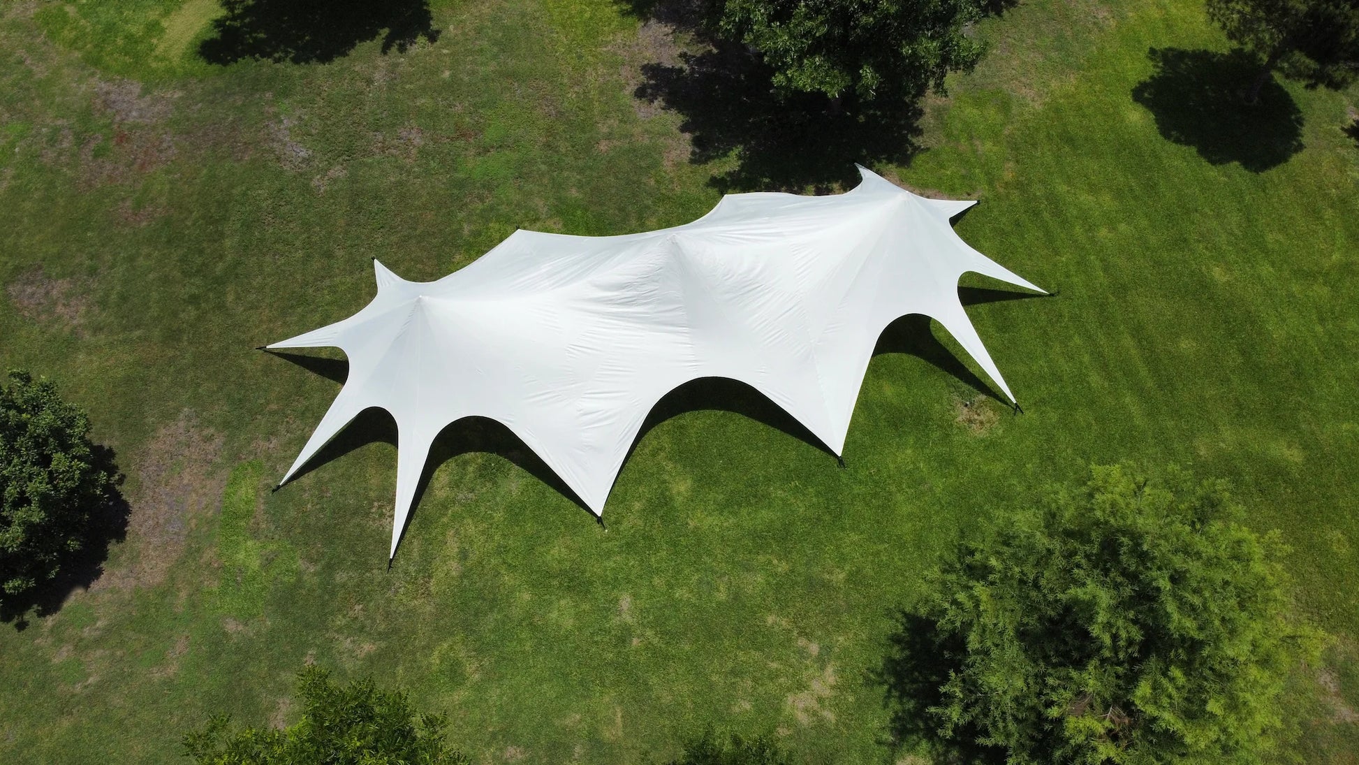 White star-shaped tent on a grassy field with trees