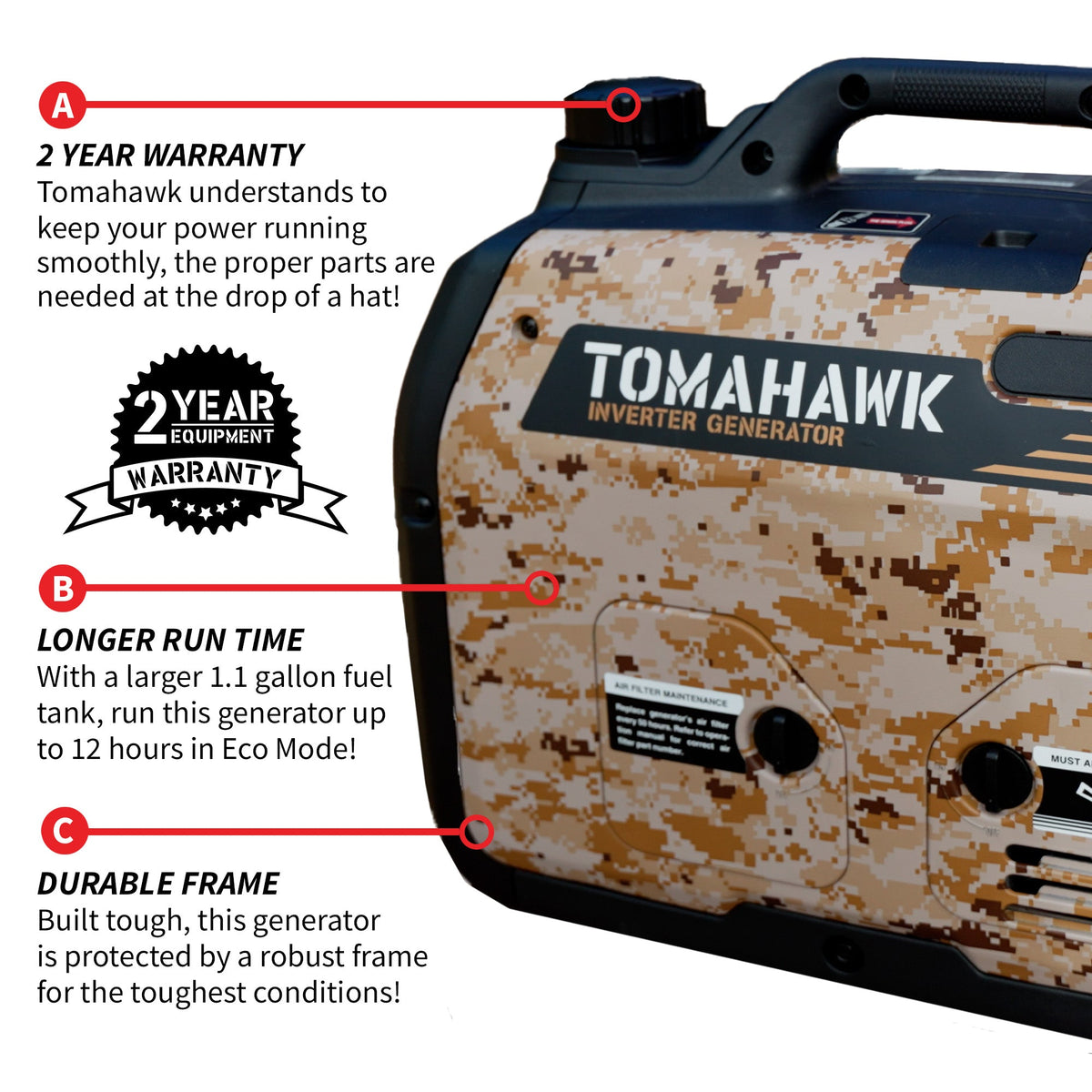 Tomahawk 3000W Camo Inverter Generator, Super Quiet | TG3000i-BRV