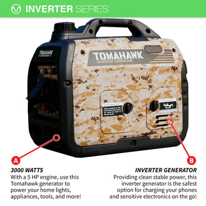 Tomahawk 3000W Camo Inverter Generator, Super Quiet | TG3000i-BRV