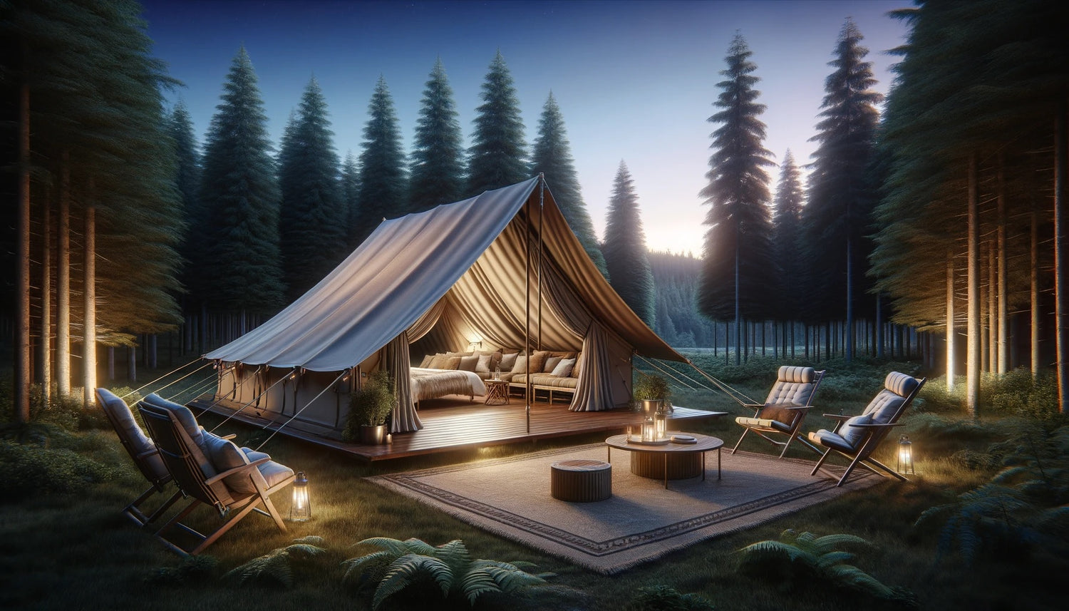 Luxurious glamping tent in a serene forest at sunset, embodying upscale outdoor living.
