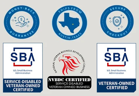 Collection of certification logos including SBA, Service-Disabled Veteran-Owned, and others on a gray background.
