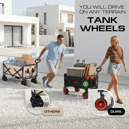 Two people using the LUXEL compact electric cart on gravel