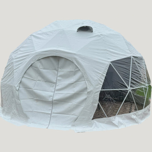 Geodesic dome tent with a clear plastic cover on a beige background