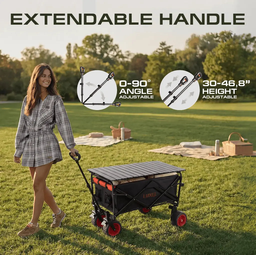 Woman pushing the LUXEL CEC-2BR electric wagon with its extendable handle in a park