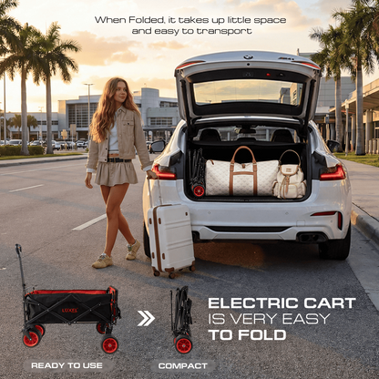 LUXEL compact electric cart folded next to an open car trunk