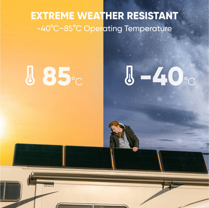Person standing on a vehicle with solar panels, showcasing extreme weather resistance with temperature range displayed.