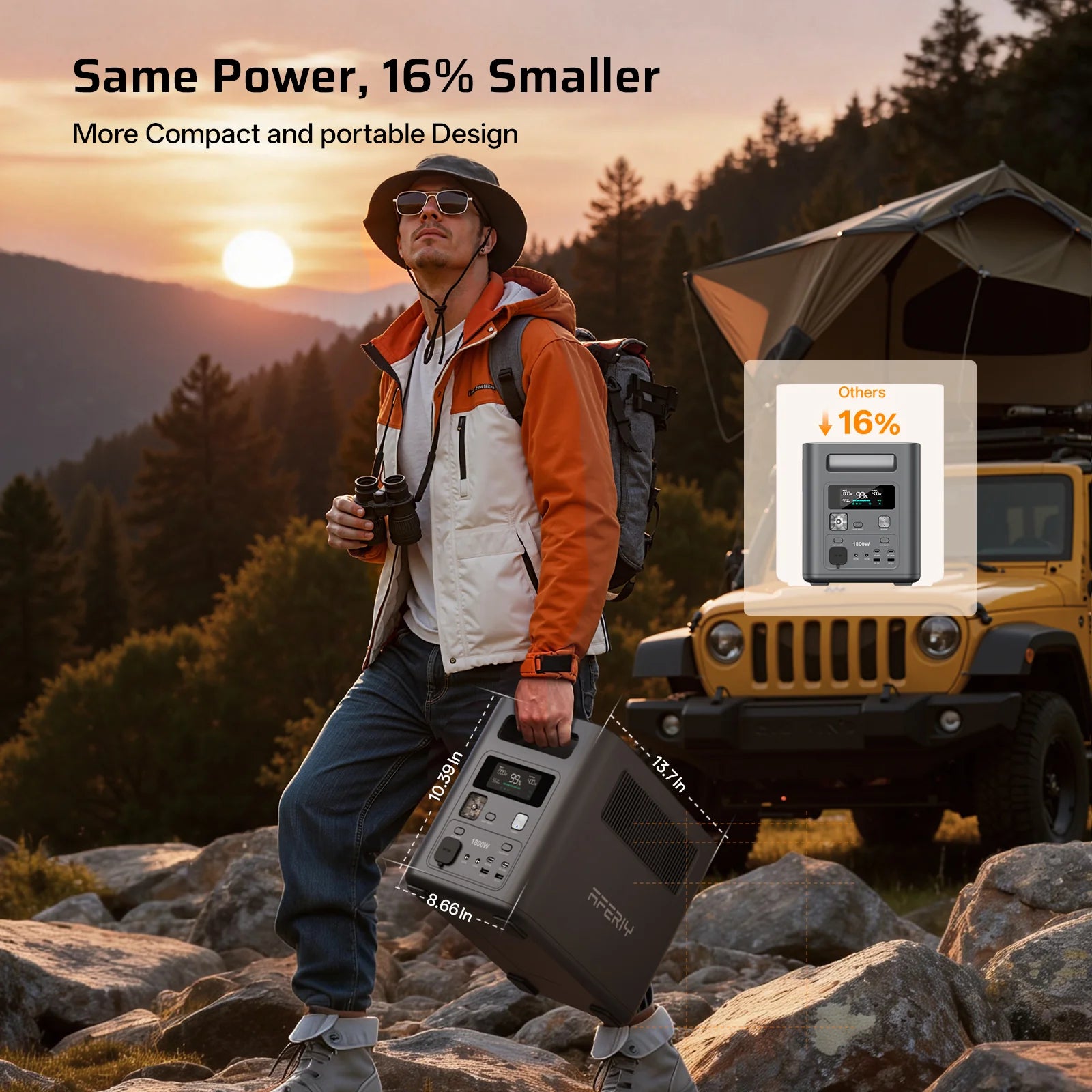 Man with camping gear and power station in a mountainous area, with text highlighting compactness.