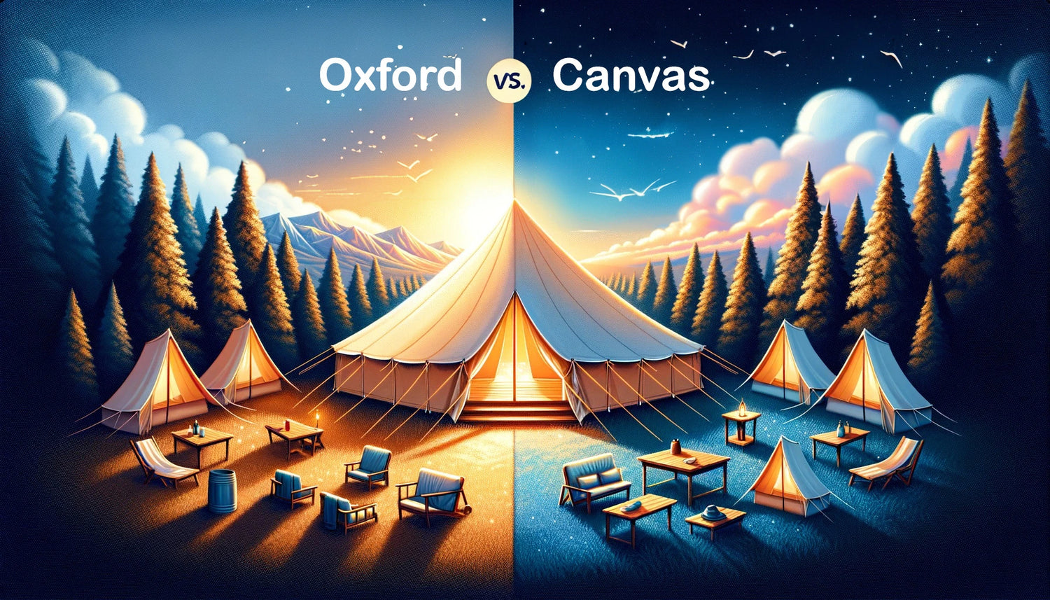 Comparison between cotton canvas and polyester oxford glamping tents highlighting polyester oxford's lightweight nature, UV protection, and maintenance ease against canvas's traditional appeal