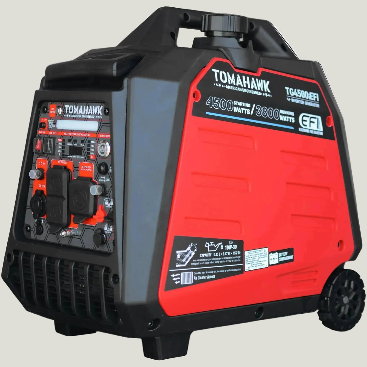 A Tomahawk portable inverter generator, model TGS4500iEF1, featuring a red and black body with a built-in carrying handle and wheels, shown on a plain white background.