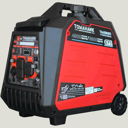 A Tomahawk portable inverter generator, model TGS4500iEF1, featuring a red and black body with a built-in carrying handle and wheels, shown on a plain white background.