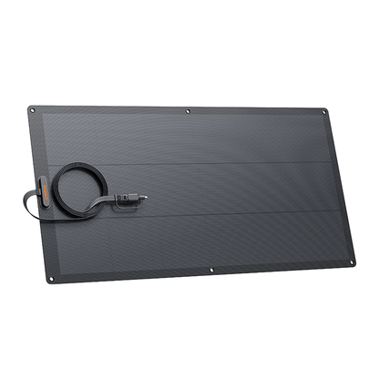 Black solar panel with cable on a white background