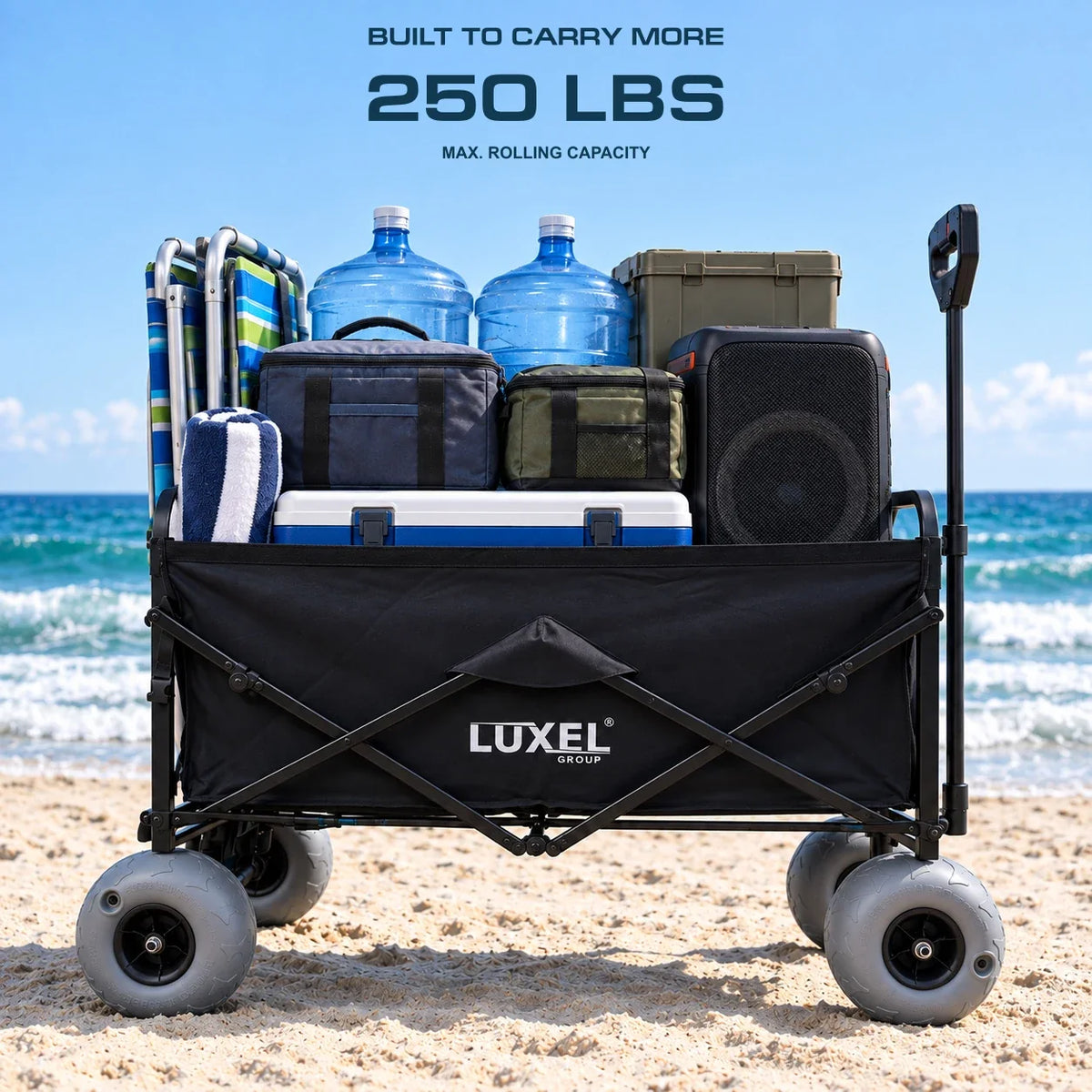 LUXEL electric beach wagon hauling a heavy 250 lb load