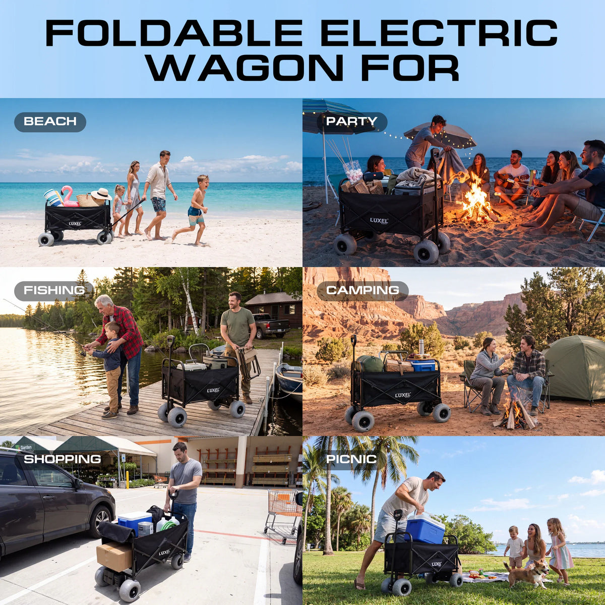 LUXEL electric beach wagon in outdoor settings including camping and beach