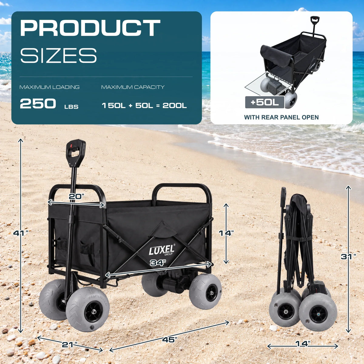 LUXEL electric beach wagon dimensions and rear panel